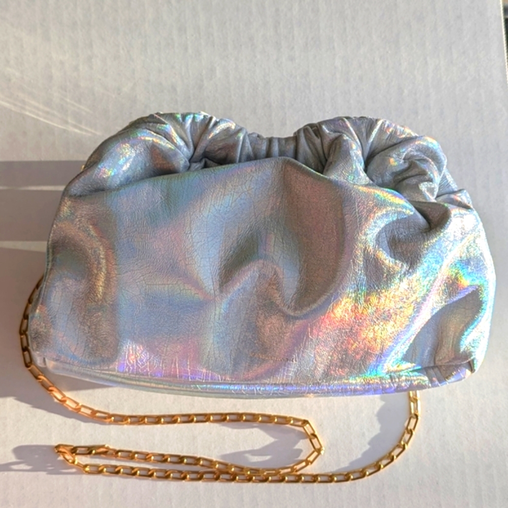 NWT Mansur Gavriel Holographic Silver Blue Clutch with Gold Chain Shoulder Strap